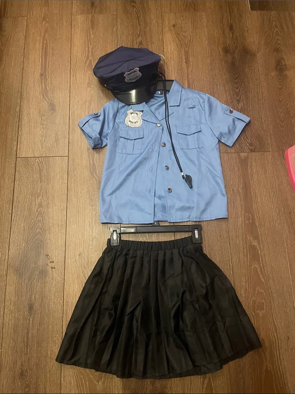 Kids Police Costume Set - Blue Shirt & Black Skirt. Hat and whistle included
